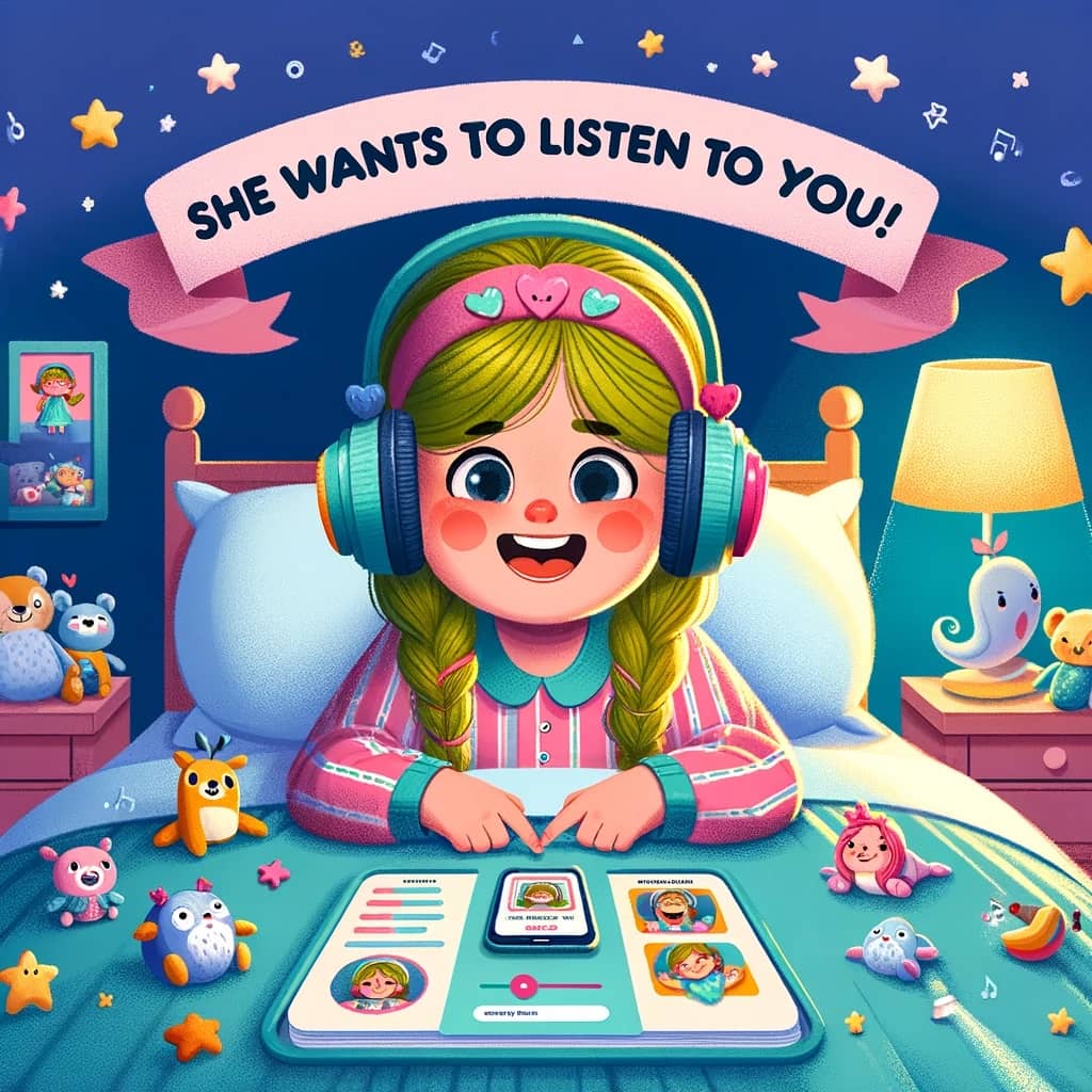 young girl with a cheerful expression, enjoying her favorite fairytales through her colorful headphones, surrounded by a whimsical array of plush toys in her cozy bedroom