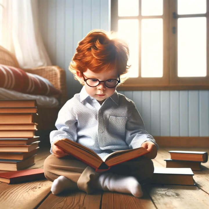 young child deeply engrossed in reading a book. The child has red hair, wears glasses, and is dressed in a light blue shirt