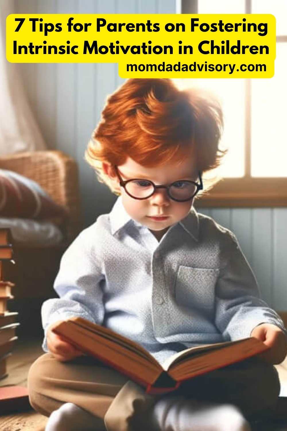 young child deeply engrossed in reading a book. The child has red hair, wears glasses, and is dressed