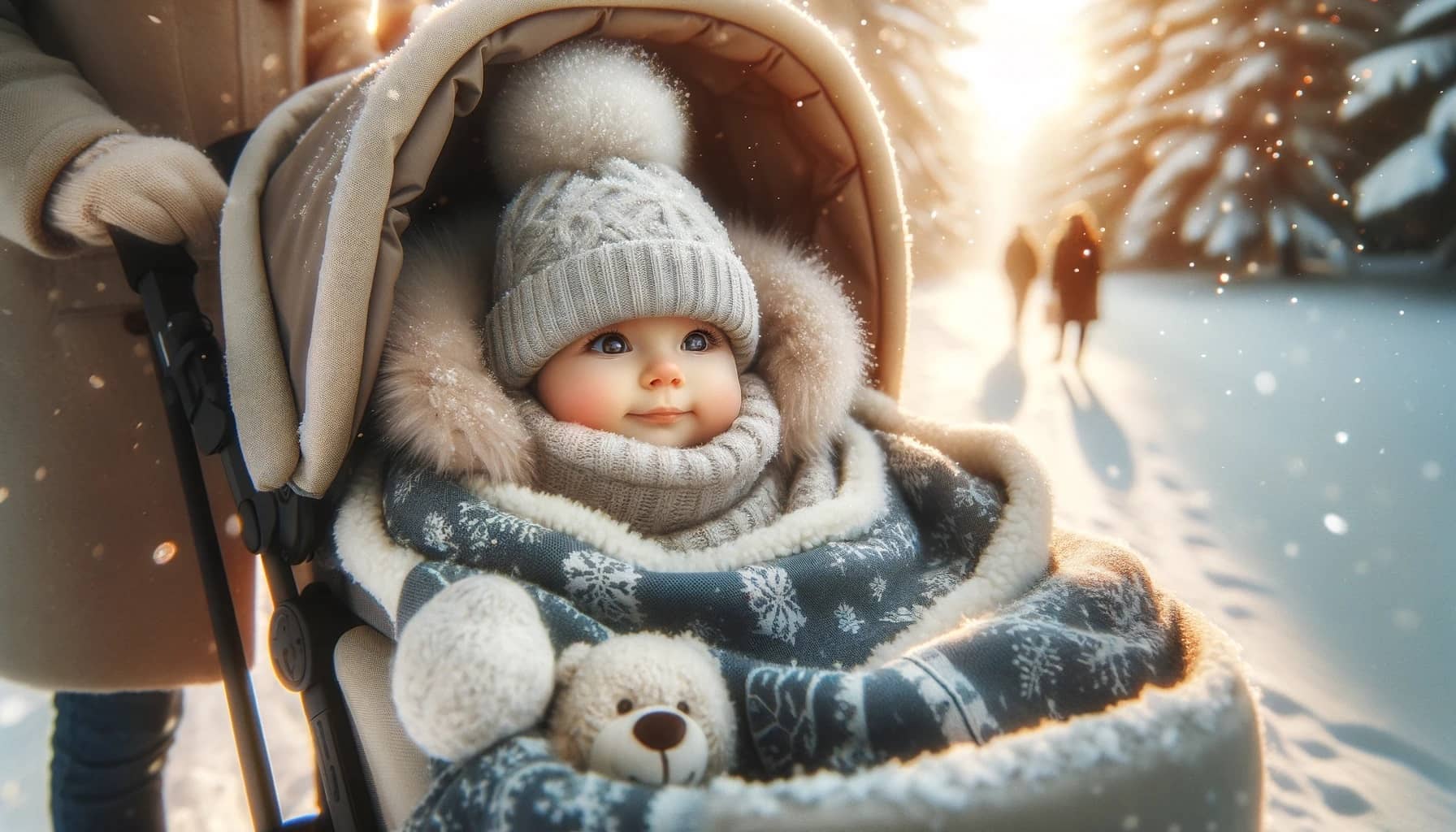 heartwarming winter scene, where a baby is snugly wrapped in a cozy stroller blanket, enjoying the soft winter light and the magic of falling snowflakes